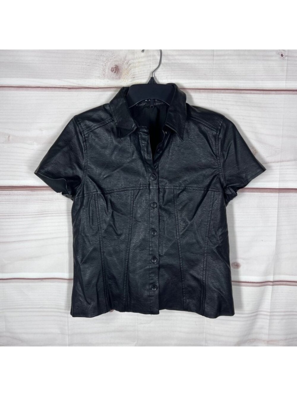 Motel Faux Leather Top Women XS Black Button Down Short Sleeve Collared Shirt